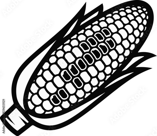 Stylized black and white illustration of a corn cob with husks and kernels