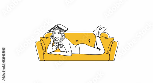Woman relaxing on a couch with a book on her head and a smile