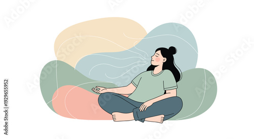 Woman relaxing in a serene environment surrounded by abstract shapes, viewed from the side in a calming illustration