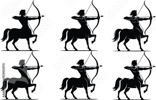 Centaur Archer Silhouettes in Various Poses black white