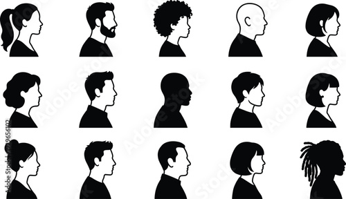 Diverse set of human profile silhouettes featuring various hairstyles and features, perfect for avatar icons or inclusive design projects, vector illustration