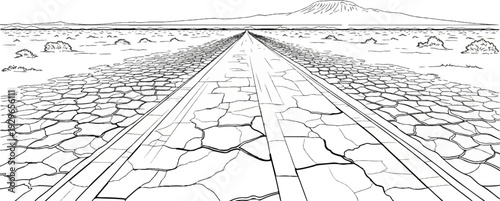 Cracked desert road leads to distant, majestic mountain under vast sky