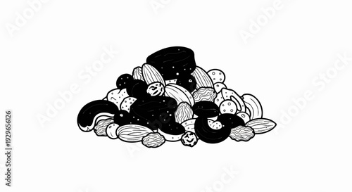 A pile of dried fruits and nuts, including almonds, raisins, and prunes