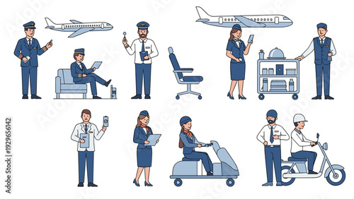 Set of airport and airline staff characters including pilots, flight attendants, and ground crew in professional uniforms.