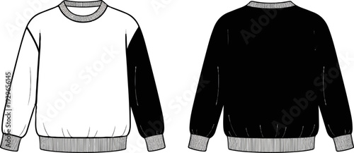 Front and back flat sketch of a two-tone long-sleeved crewneck sweater with ribbed cuffs