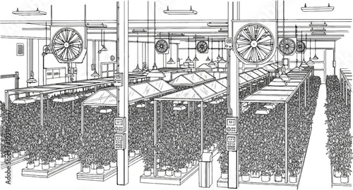 Indoor cultivation facility with rows of potted plants under grow lights and fans (1)