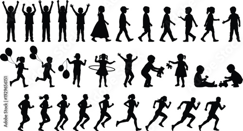 Collection of Diverse Children Silhouettes Engaged in Various Playful Activities, Active Movement, Running, Jumping, Dancing, and Leisurely Childhood Fun, Vector Illustration
