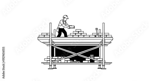A construction worker lays bricks on scaffolding with tools and materials around