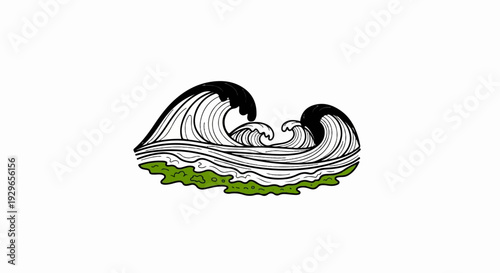 Stylized crashing waves depicted with black crests and white foam against a green foreground