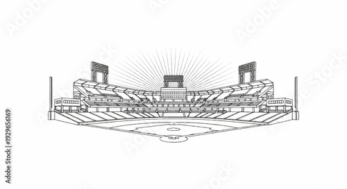 Detailed line drawing of a baseball stadium with a radiating sunburst above the scoreboard