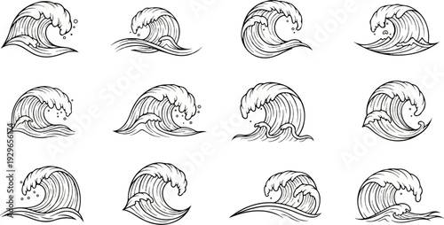 Stylized illustrations of ocean waves in a monochromatic line art style