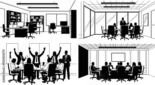 Business meeting office silhouettes, corporate team collaboration, professional workspace discussion, successful leadership presentation, executive boardroom group, employees working together, coworke