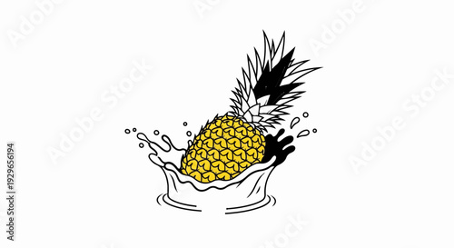 A yellow pineapple with a black and white spiky crown splashes into water