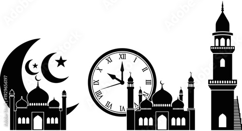 Ramadan Kareem Islamic greeting, mosque silhouette with crescent moon and stars, prayer time clock, minaret tower, Muslim religious festival, spiritual celebration,