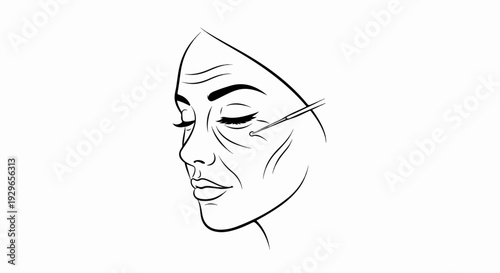 A close-up line art sketch of a woman's face receiving facial treatment