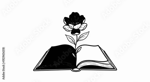 An open book with a blooming flower growing from its pages