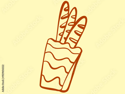 Vector illustration of bread in a paper bag.  A loaf of white bread, a baguette. Hand-drawn Mediterranean style brown linear sketch. Linework doodles products are stickers for menus and signage.