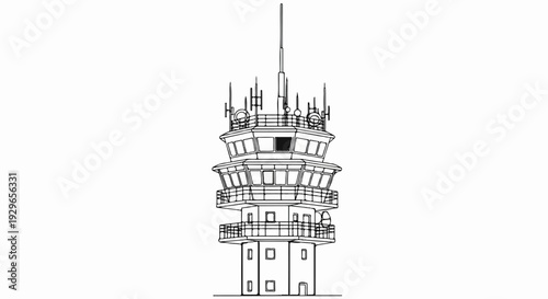 A line drawing depicts a multi-tiered control tower with antennas on top