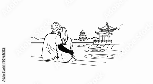 Couple embraces, gazing at tranquil pagoda and serene water garden