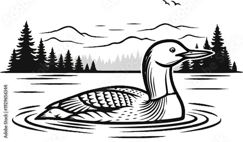A loon floats on rippling water, with pine trees and mountains in the background