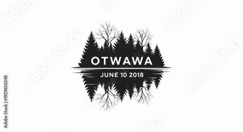 Silhouette of pine trees reflected in water with text and date