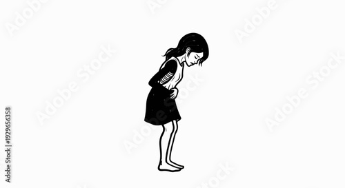 A black and white drawing of a young person clutching their stomach in pain