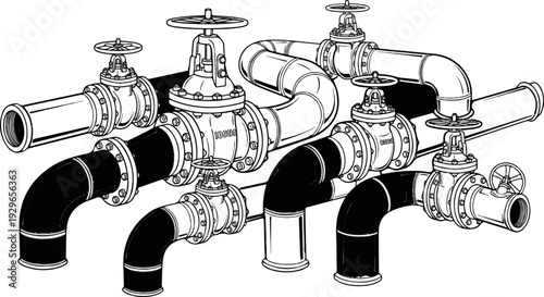 Complex network of industrial pipes and valves, some with black detailing