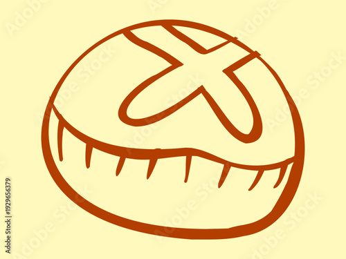 Vector illustration of a round loaf of bread for sandwiches. Whole grain bread. Hand-drawn Mediterranean style brown linear food sketch. Linework doodles products are stickers for menus and signage.