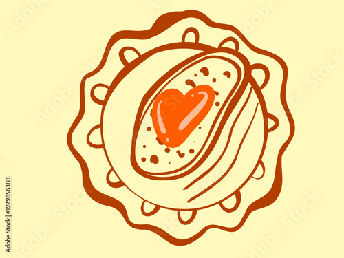 Vector illustration of bread. Sandwich with red jam or jam. Slices of white bread on a plate. Hand-drawn Mediterranean style brown linear sketch. Linework doodles products are stickers for menus and s