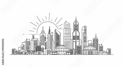 Stylized line drawing of a modern city skyline at sunrise, featuring varied skyscrapers