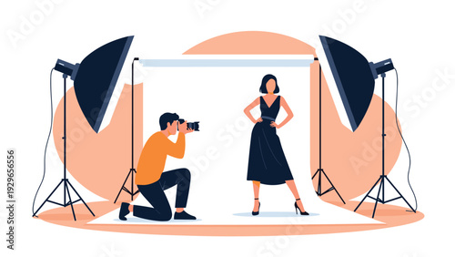 Photographer taking professional photos of a female fashion model posing in a studio with lighting equipment.