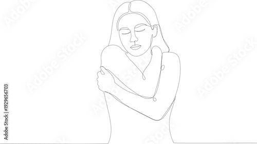 Continuous line drawing of woman hugging herself for self-love care and mental health awareness