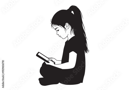Child Using Tablet Silhouette Illustration for Kids Screen Time Digital Education and Internet Safety Concepts