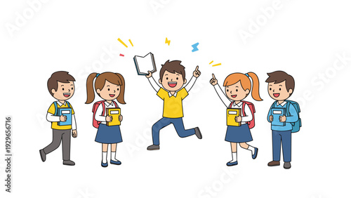 Diverse group of happy young students in school uniforms celebrating together with books and backpacks on a clean white background.