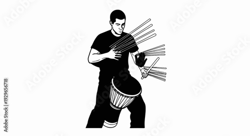 Musician plays a drum with multiple beaters, creating energetic rhythms