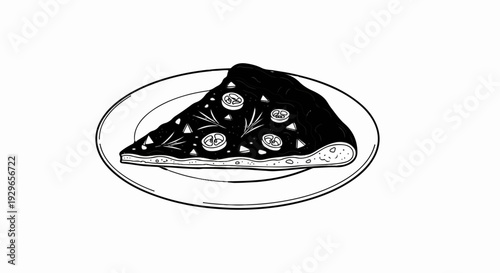 A stylized slice of pizza, adorned with tomatoes and herbs, rests on a simple plate