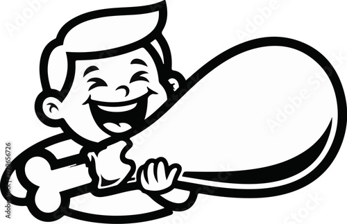 Joyful cartoon boy with a large, delicious chicken drumstick