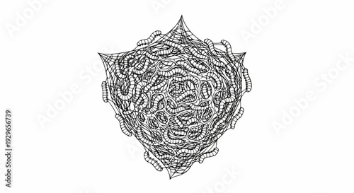 Abstract spherical mass formed by tangled segmented bodies with a web-like exterior