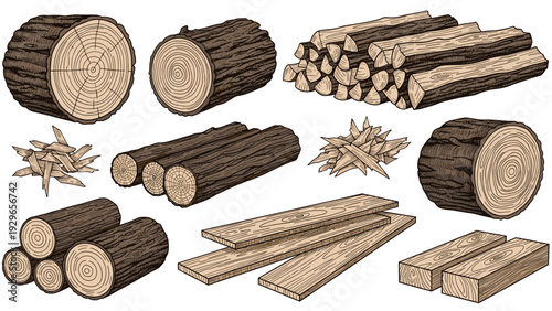Comprehensive collection of detailed wood illustrations including logs, stacked firewood, wood chips, and cut planks in rustic style.