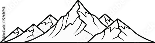A bold black and white line drawing depicts a mountain range with jagged peaks and varied slopes