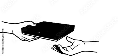 Two hands exchanging a closed book, one hand offering, the other receiving