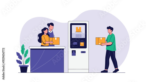 Modern flat illustration of people using a self-service parcel locker for sending and receiving packages in a convenient way.