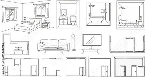 Interior design sketches of rooms and furniture with doors, windows, and fixtures