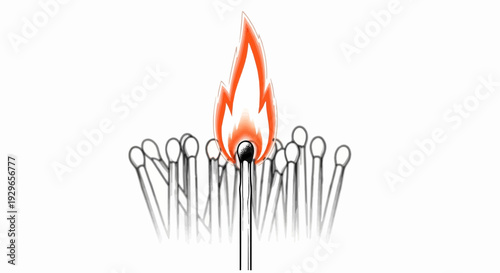 One lit match illuminates a crowd of unlit matches with a bright flame