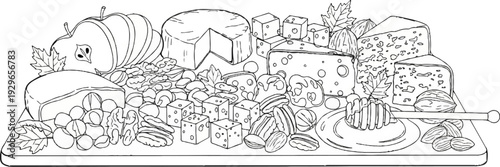 A cheese board with assorted cheeses, nuts, fruits, and honey on a wooden platter