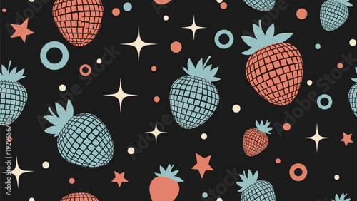 Retro style seamless pattern featuring strawberry shaped disco balls with stars and colorful circles on a dark black background.