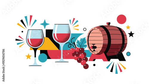 Stylized flat illustration of wine glasses, a wooden barrel, and grapes with colorful abstract geometric shapes in the background.