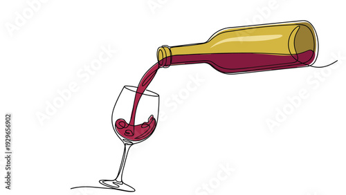 Elegant continuous line drawing of red wine being poured from a bottle into a glass, captured in a simple and artistic style.