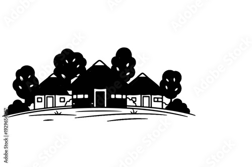 Stylized silhouette of traditional homes with thatched roofs surrounded by trees
