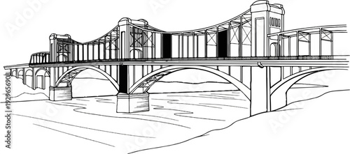 Detailed line art of an impressive arch bridge spanning a river, with elevated roadways
